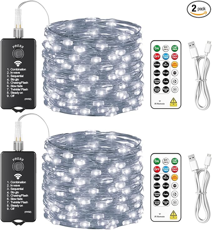 HXWEIYE Rechargeable Fairy Lights with Remote, 2 Pack 33ft 100LED Twinkle Lights with DIY Timer & Light Sensor, Waterproof Outdoor String Lights for Bedroom Patio Christmas Tree Decor, White