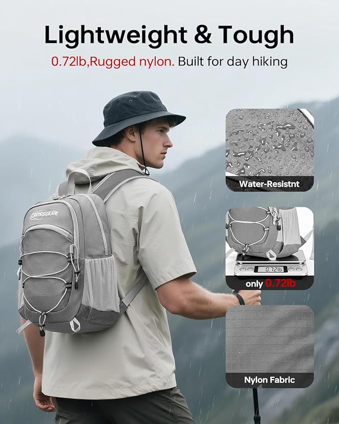 CROSSGEAR Packable Hiking Backpack, 24L RFID Lightweight Foldable Daypack, Nylon Fabric, Multiple Pocket, Water-Resistant for Men Women Travel Outdoor, Gray