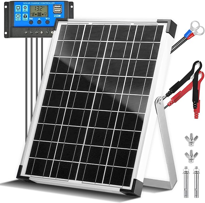 20W 12V/24V Solar Panel Kit, Monocrystalline Solar Battery Trickle Charger Maintainer +10A PWM Charge Controller + Adjustable Mount Bracket for Car, RV, Boat, Motorcycle, Off-Grid System