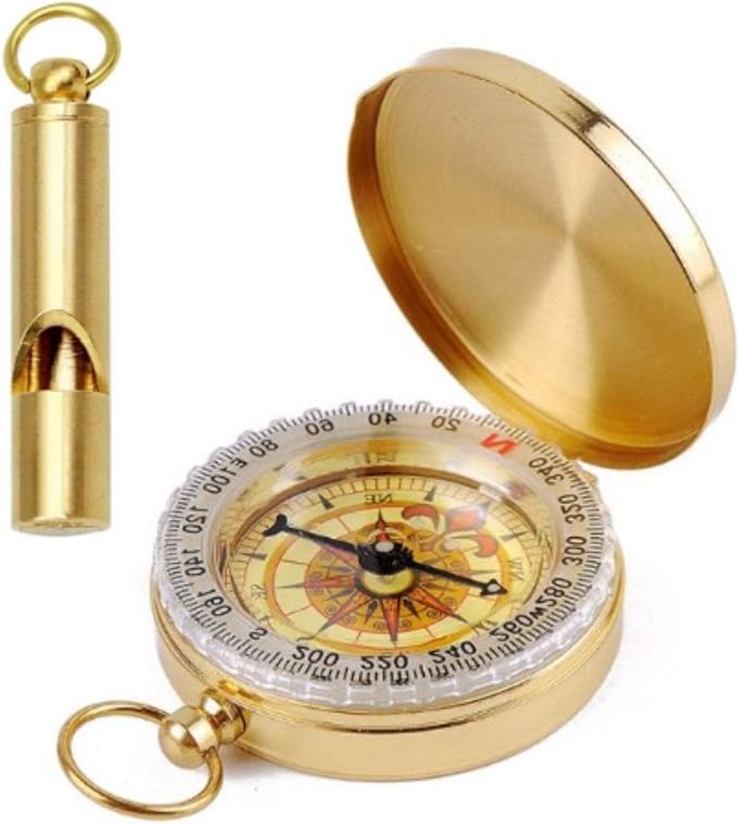 Brass Compass with Solid Brass Whistle - Survival Set - 105 Decibels - Carry in Pocket or on Necklace - Two Pieces