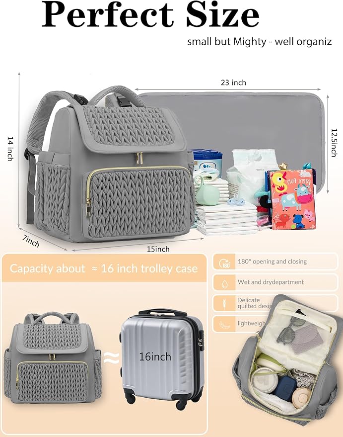 Awanhe Diaper Bag Backpack, Baby Bag with Changing Pad, Travel Waterproof Diaper Bag Tote, Newborn Essentials Must Haves, Luxury baby shower gifts for boys & Girls, Grey