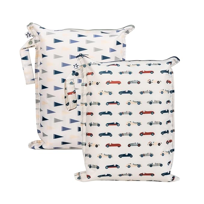 Tiny Twinkle Mess Proof Wet Bags | 2-Pack Reusable Waterproof Wet Bags for Swimsuits | Baby Clothes | Travel & Diaper Bag (Vintage Cars,Varsity Flags)
