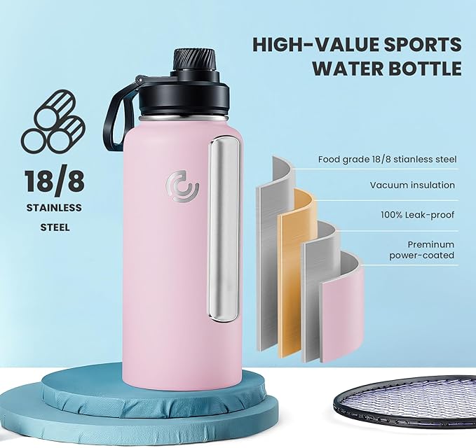 Sports Water Bottle 32oz, Insulated Water Bottle with Handle,Stainless Steel,Simple Modern,Suitable for Travel, School, Boy, Girl(Blush)