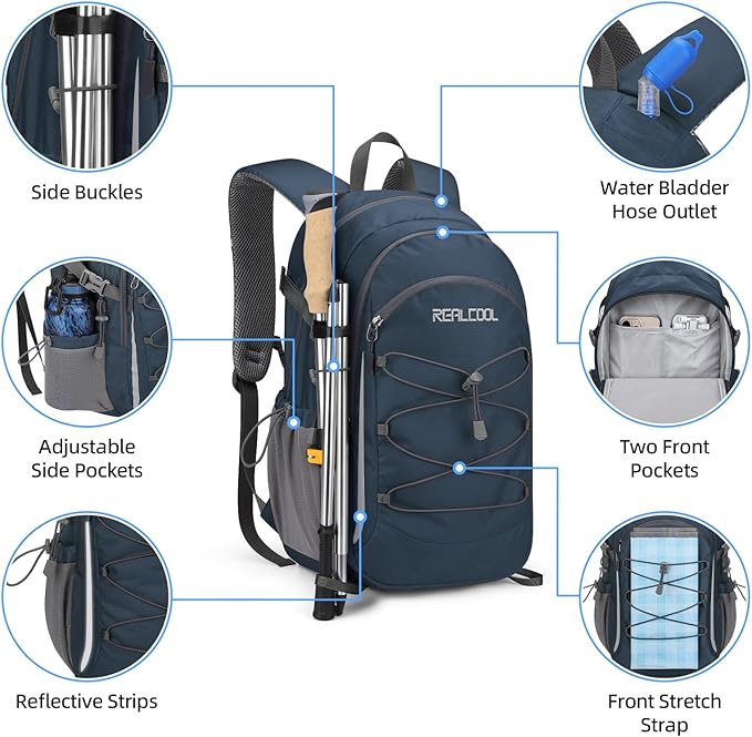 RealCool Hiking Backpack for Men Women,30L Lightweight Waterproof Travel Camping Backpack Hiking Daypack for Cycling Running,Blue