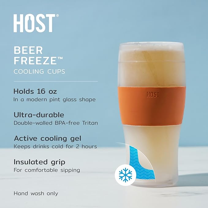 Host FREEZE Beer Glasses, Frozen Brew Mugs, Freezable Pint Glass Set, Insulated Beer Glass to Keep Your Drinks Cold, Double Walled Insulated Glasses, Gift for Dad, 16oz, Set of 2, Burnt Orange