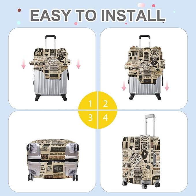 ANNA QUEEN Vintage Travel Collage Luggage Cover, Retro Suitcase Protector, Stretchable Washable Cover for 20-22 Inch Luggage