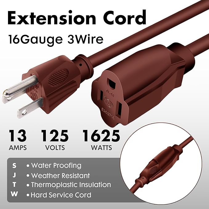 10ft Brown Outdoor Extension Cord Waterproof, UL Listed, 16/3 SJTW Heavy Duty 3 Prong, 16 Gauge 13A Power Cord Ideal for Indoor Outdoor Lights, Appliances, and Lawn