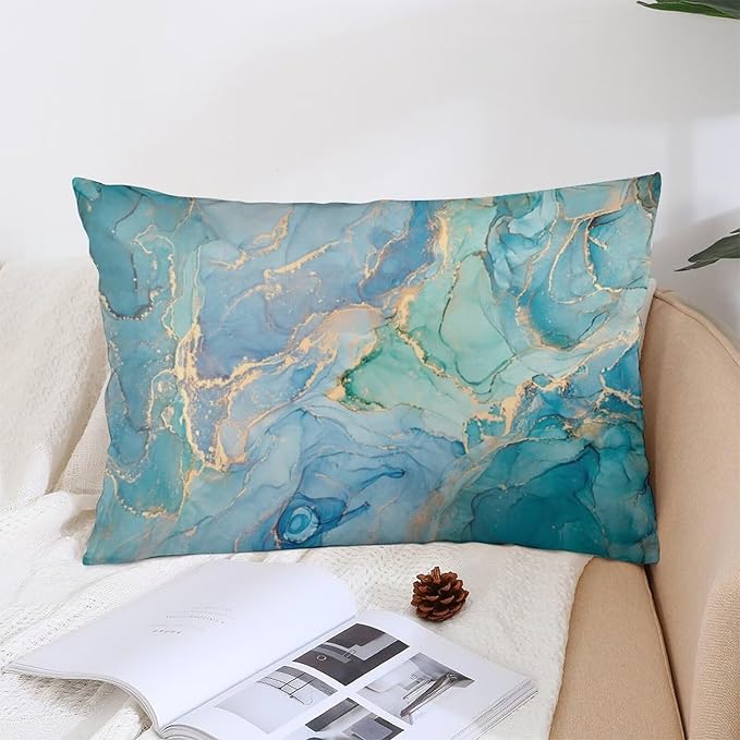 Teal Marble Throw Pillow Covers Set of 2 Queen Size Turquoise Blue Gold Natural Luxury Abstract Fluid Pillow Cushion Cases Standard Pillow Cases Decorative Pillowcase 20X30 Inch for Sofa Bed