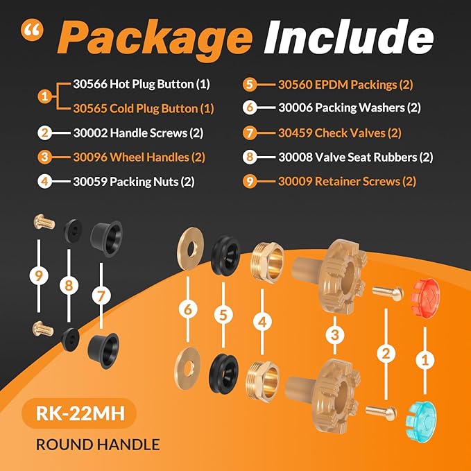 RK-22MH Repair Kit Metal Handle Replacement for Woodford Model 22 and V22 Outdoor Wall Faucets, Round Handle (18Pcs)