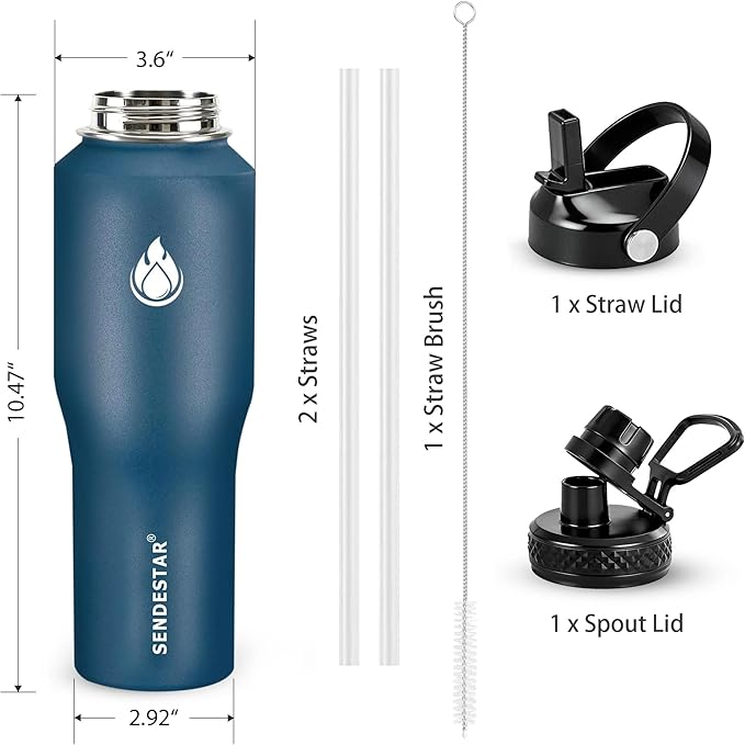 SENDESTAR Water Bottle 32oz,Wide Mouth Stainless Steel Vacuum Insulated Double Wall Keep Liquids Cold or Hot All Day,Sweat Proof Sport Design,Fit Car Cup Holder,2 Lids(Straw and Spout lid)(Cobalt)