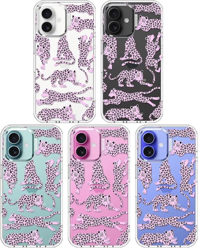 MOSNOVO Case for iPhone 16 Plus, [Buffertech 6.6ft Military-Grade Drop Protection] [Anti Peel Off Tech] Clear TPU Bumper Phone Case Cover Design - Pink Leopard