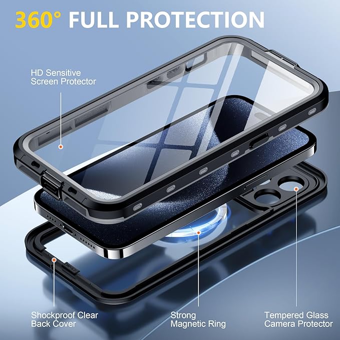 Red2Fire for iPhone 14 Pro Max Case Waterproof, [Built-in Screen Protector & Camera Protector][Compatible with MagSafe][Full Body Shockproof][IP68 Waterproof][Dustproof] Phone Case 6.7" Black/Clear