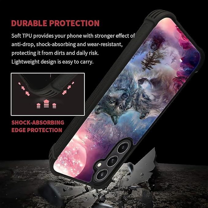 for Samsung Galaxy S23 FE Case, Star Two Wolfs Howling Pattern Graphic Design Girl Boy Soft Silicone Hard Acrylic Shock Protection for Samsung Galaxy S23 FE