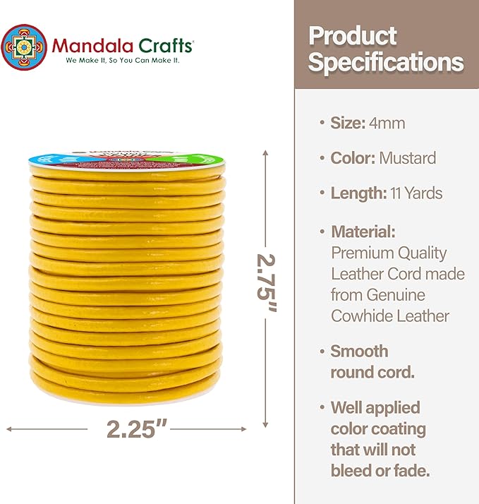 Mandala Crafts Round Genuine Mustard Yellow Leather Cord for Jewelry Making – 4mm Cowhide Leather Rope String Lace for Kumihimo – 11 Yards Cowhide Craft Cording Spool
