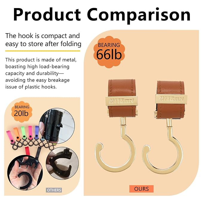 2 Pack Stroller Hooks,Strong Synthetic Leather Hook-and-Loop Fastener&High-Quality Metal Hooks,Universal Bag Clip|360° Rotation, 66lb Capacity,Non-Slip-Fits Wheelchair(Brown-Gold)