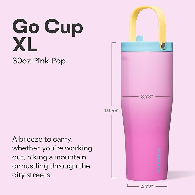 Corkcicle Go Cup XL - Leak-Proof Travel Tumbler - Triple Insulated Stainless Steel Water Bottle - Easy-Carry Handle - Summer Drinkware Gift - Keeps Drinks Ice Cold - 30 oz - Pink Pop
