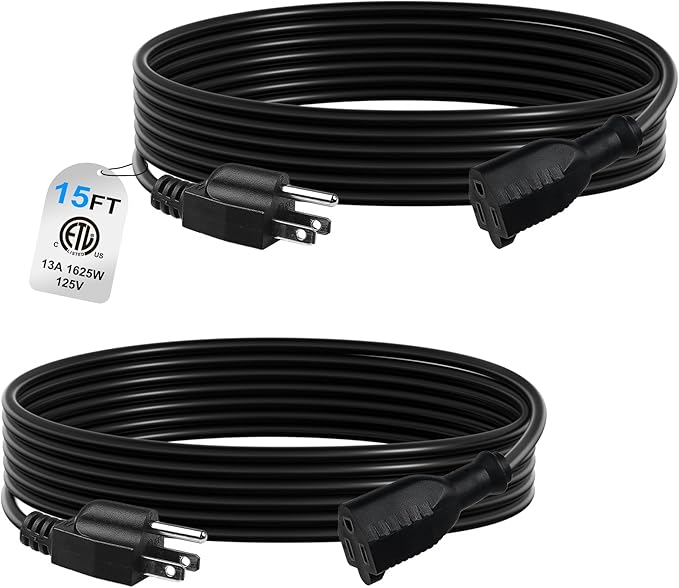 BN-LINK 15ft Indoor Outdoor Extension Cord 16/3 SJTW, 2 Pack, 3-Prong, Weather Resistant & Flame Retardant, Grounded Power Cord for General Use, ETL Listed