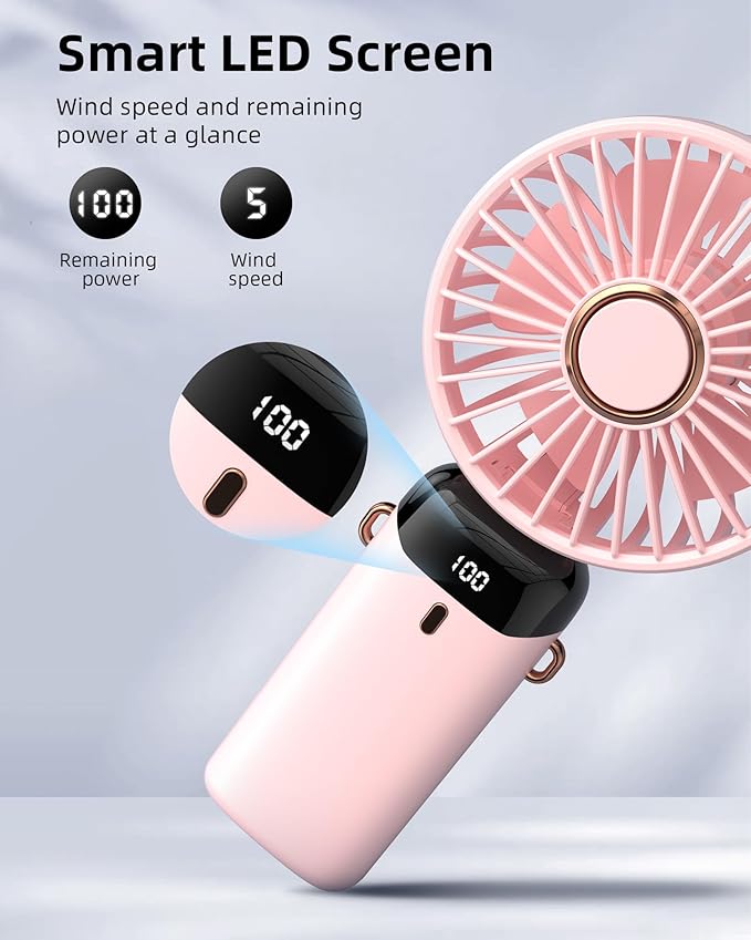 Koonie Portable Handheld, Battery Operated with Base, 8 Hours, Digital Display, 5 Speeds, 90° Ajustable, Rechargeable Mini for Outdoor Indoor Pink