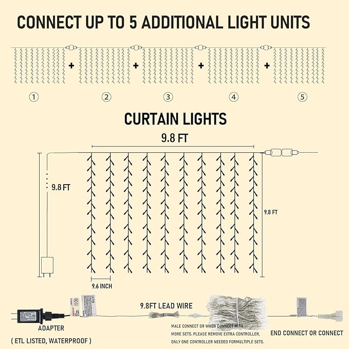 Dazzle Bright 300 LED Curtain Lights, Plug in Fairy Curtain Lights for Bedroom, Christmas Hanging String Lights Outdoor for Window Backdrop Wall Wedding Patio Indoor Dorm Party Decor, Warm White