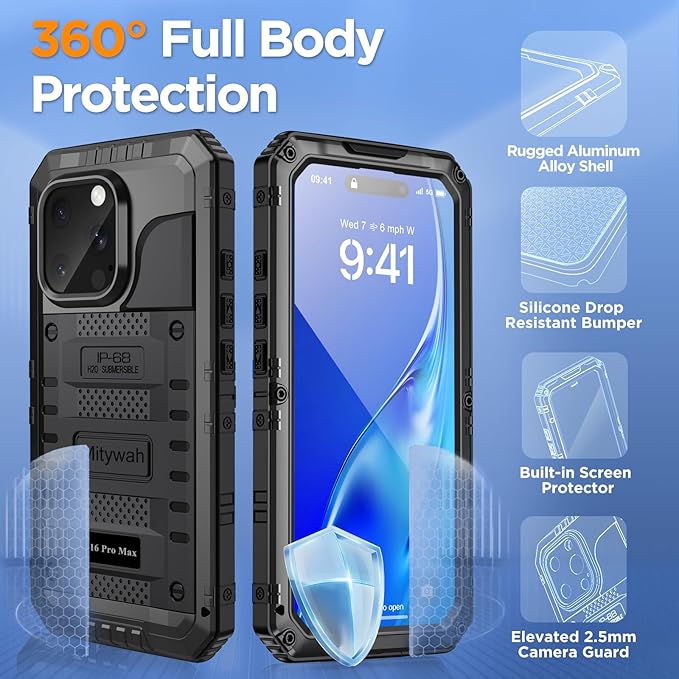 Mitywah Waterproof Case for iPhone 16 Pro Max, Heavy Duty Metal Cover with Built-in Screen Protector, Military Grade Full Body Shockproof Rugged Protective Phone Case 6.9 inch, Black
