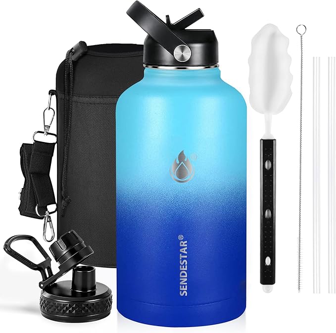 Insulated Water Bottle 64 oz, Triple Wall Vacuum Stainless Steel Water Bottles (Cold for 48 Hrs), Leak Proof & Non-BPA, Half Gallon Water Flask Jug Wide Mouth Straw Lid & Spout Lid