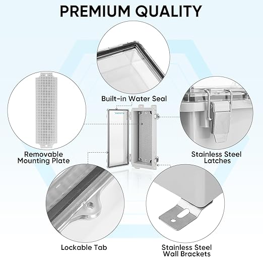 TICONN Outdoor Electrical Box Waterproof, Junction Box IP67 ABS Plastic Enclosure with Hinged Cover with Mounting Plate, Wall Brackets, Cable Glands (Clear, 10.2"x4.3"x3.0")
