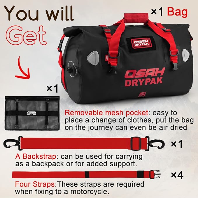 OSAH DRYPAK Waterproof Duffel Bag - Motorcycle Dry Bag Tail Bag with Large Storage Space, Waterproof Luggage Duffle Bags with Outer Mesh Zipper Pocket for Camping, Kayaking, Fishing & Traveling