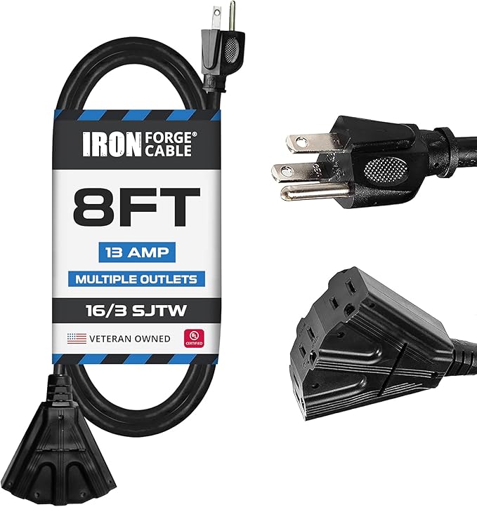 Iron Forge Cable 8 Ft Black Extension Cord with 3 Outlets - 16/3 SJTW 8 Foot Extension Cord 3 Prong, Weatherproof Exterior Power Cable for Outdoor