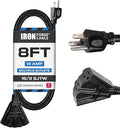 Iron Forge Cable 8 Ft Black Extension Cord with 3 Outlets - 16/3 SJTW 8 Foot Extension Cord 3 Prong, Weatherproof Exterior Power Cable for Outdoor