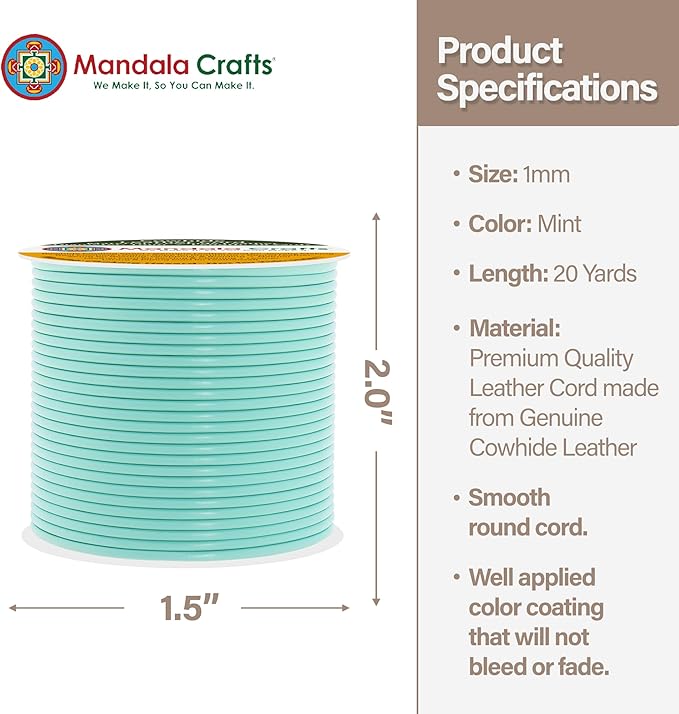 Mandala Crafts Round Genuine Mint Leather Cord for Jewelry Making – 1mm Cowhide Leather Rope String Lace for Kumihimo – 20 Yards Cowhide Craft Cording Spool