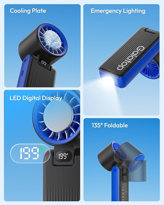Gaiatop Portable Handheld Turbo Fan with Ice Cooler, 32H Cooling, 5 Speed (1-199) Personal Fan, 6000mAh Rechargeable Mini Fan with LED Light for Outdoor Camping Working Home, Classic Blue