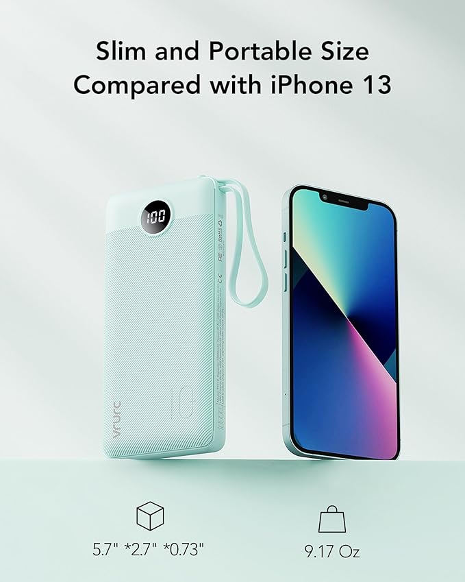 VRURC Portable Charger for iPhone, Compact Travel Power Bank 10000mAh, USB C Battery Pack 4 Outputs 3 Inputs, Slim Phone Charger with Cables for iPhone 17 16 15 14 13,Samsung Galaxy-Green(1 Pack)