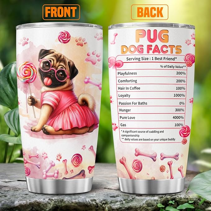 Pug Dog Facts, Dog Mom Gifts, Women Mother Mama Handle Tumblers Best Mothers Insulated For Cups Coffee Funny Day, Tumbler 20 Oz With Lid And Straw