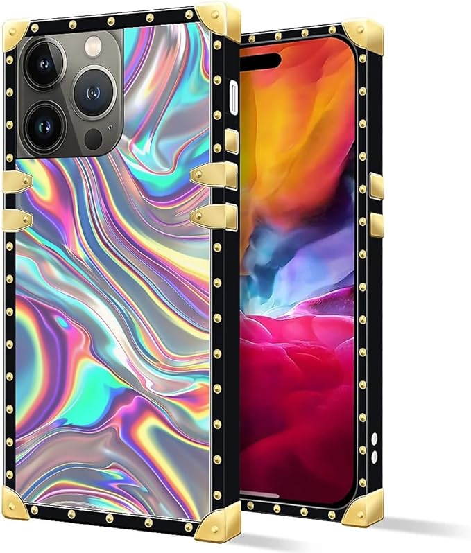 Compatible with iPhone 15 Pro Max Case, Holographic Abstract Iridescent Textures Luxury Golden Decoration for Girl Women Soft TPU Shockproof Protective Hard PC Back
