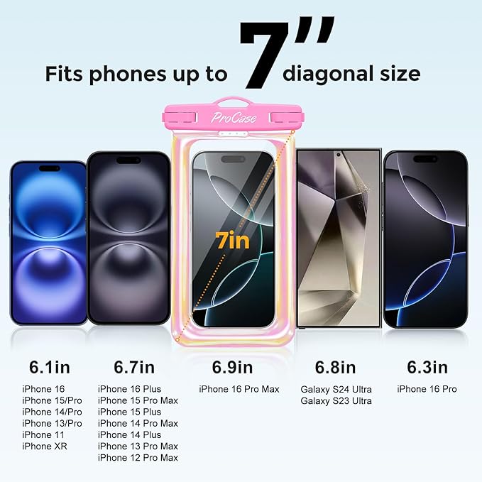 ProCase 2 Pack Floating Waterproof Phone Pouch IPX8, Universal Dry Bag Fits iPhone 17/16/15/14/13 Series,Galaxy S24/S23/S22, Pixel 8/7 (Up to 7”),Touchscreen, Underwater & Snow Protection -Pinkblue