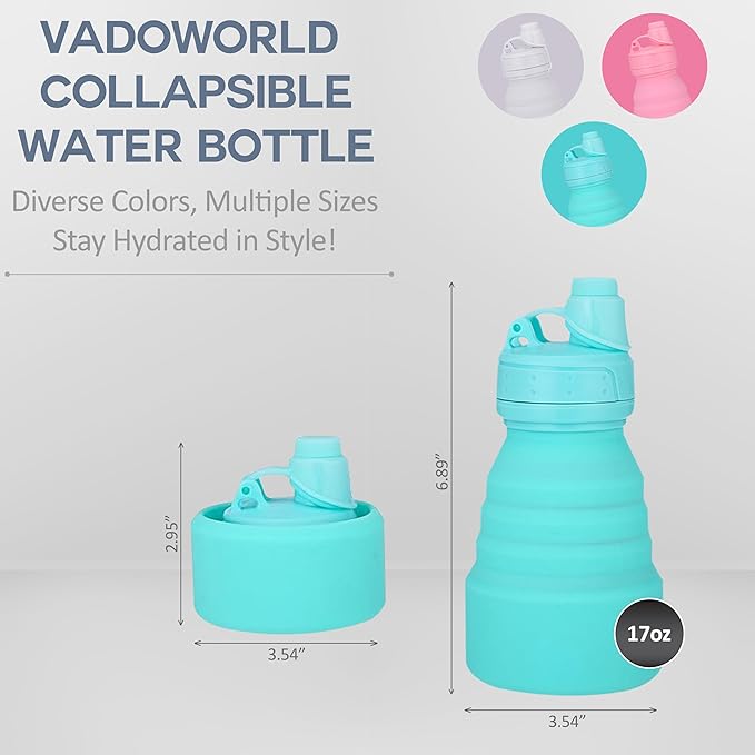 Collapsible Water Bottles 17oz, Odorless BPA-Free Silicone, Leak-Proof Foldable Reusable Bottle - Perfect for Travel Sports Gym Hiking Camping Cycling - Water Blue