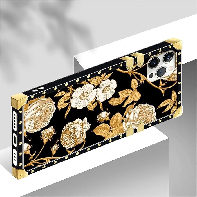 Compatible with iPhone 12 12 Pro Case, Blooming Rose Golden Flower Luxury Golden Decoration for Girl Women Soft TPU Shockproof Protective Hard PC Back for iPhone 12 12 Pro