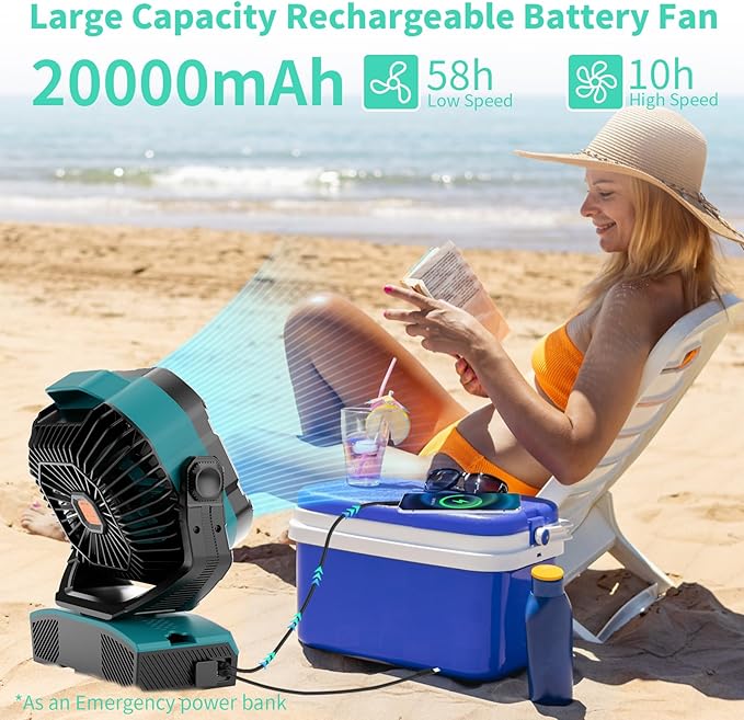 WESTTREE Camping Fan Portable 20000mAh Oscillating Battery Powered Fan Rechargeable Camping essentials Tent Light Hook 270° Pivot Battery Operated USB Desk X68 Cyan