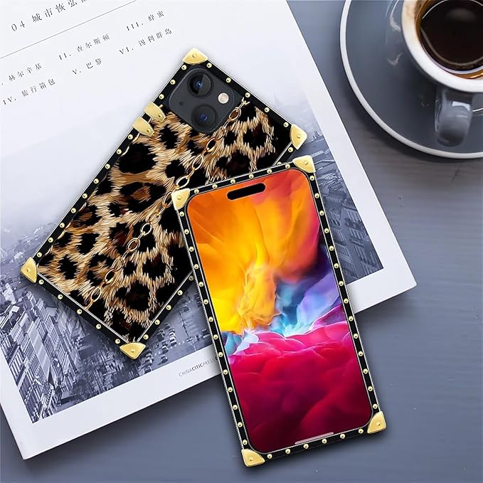 Compatible with iPhone 15 Case, Seamless Gold Chain Leopard Luxury Golden Decoration for Girl Women Soft TPU Shockproof Protective Hard PC Back for iPhone 15