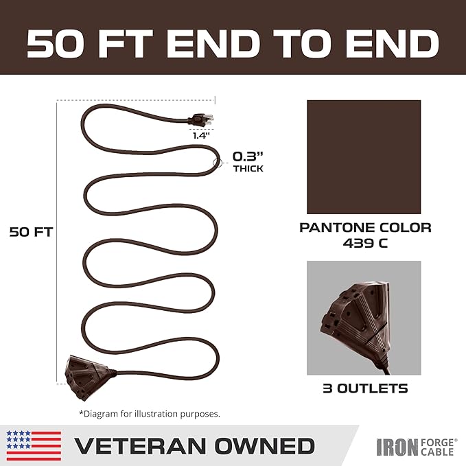 Iron Forge Cable 50ft Brown Outdoor Extension Cord with 3 Outlets - 16/3 SJTW 50ft Extension Cord 3 Prong, 13 Amp All-Weather Heavy Duty Power Cable