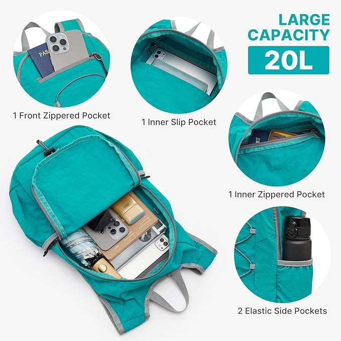 G4Free 20L Hiking Backpack Lightweight Daypack with Phone Pocket Small Packable Foldable Hiking Bag for Women Men, Peacock Blue