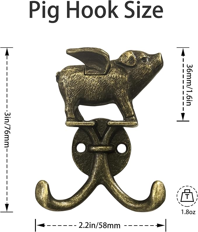 Cute Flying Pig Decorative Wall Double Hook for Hanging Coat Keys Hats Towel Small Vintage Zinc Alloy Multi-Purpose Hook for Farmhouse Bathroom Kitchen Kids Room (Bronze 6Pcs)