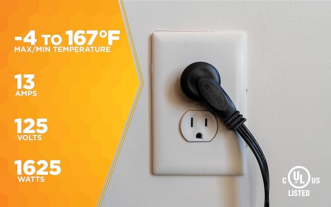 Woods 2243 16/3 Flat Indoor Extension Cord, 8-Foot, 3 Grounded Outlets, Right Angled Plug, Space Saving Design, UL Listed, Black