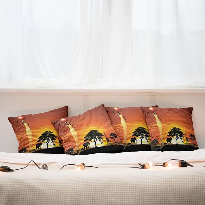 Ambesonne Elephant Throw Pillow Cushion Case Pack of 4, Woman and Wild Landscape with Animals, Modern Accent Double-Sided Digital Printing, 18", Orange Black