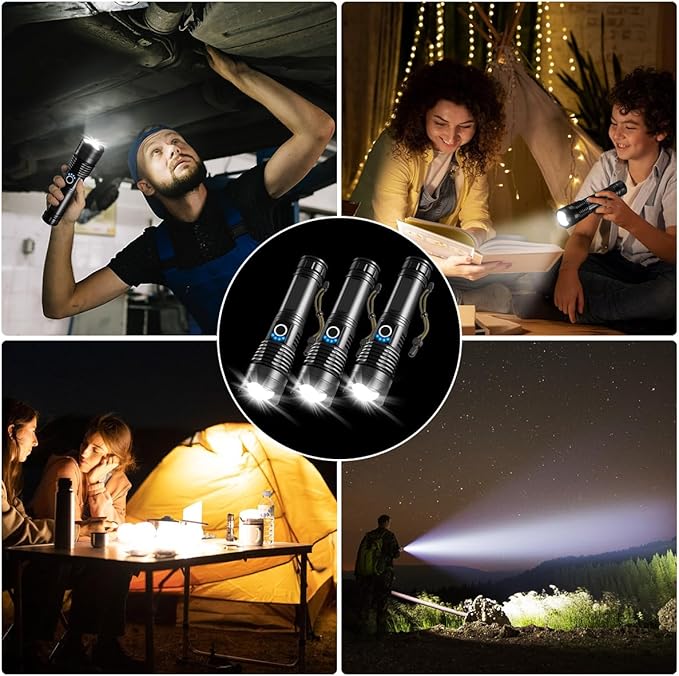 UUYEE 3Pack Rechargeable Flashlights High Lumens, Super Bright Flashlight, 5Modes LED Flashlight Rechargeable, Adjustable Tactical Flashlights High Powered, Flash Lights for Emergency Camping Home