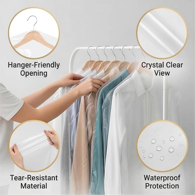 10 Pack Dry Cleaner Bags Plastic Clear, 23.6 x 71In Plastic Garment Bags Hanging Clothing Covers for Home Storage, Clothing Stores, Travel, Moving