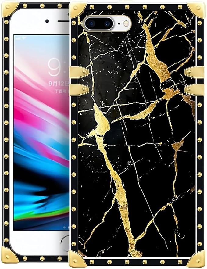 Compatible with iPhone 8 Plus 7 Plus Case, Black Gold Marble Nature Luxury Golden Decoration for Girl Women Soft TPU Shockproof Protective Hard PC Back for iPhone 8 Plus 7 Plus