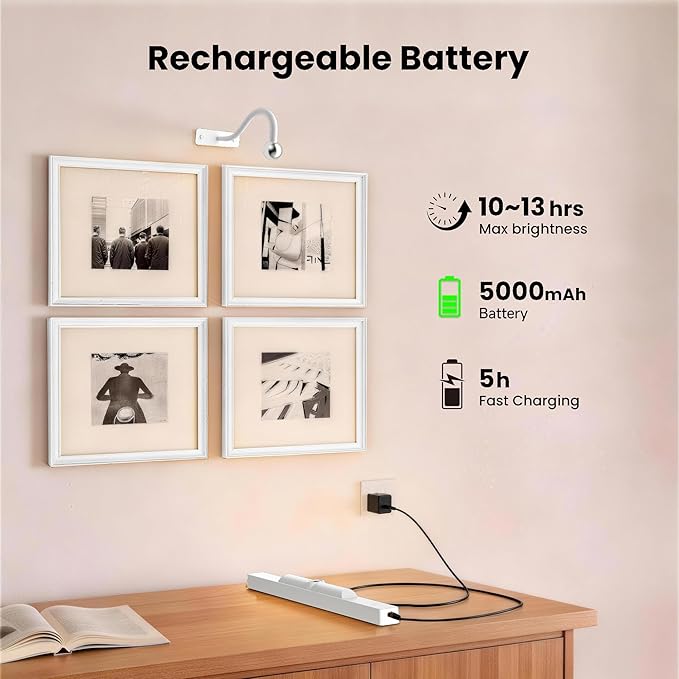 Rechargeable Picture Light for Wall Art White - 3 Color Temperatures,Remote Control & Adjustable Angle Wall Mount Battery Operated Wall Light for Paintings,Gallery,Frames,Photos (13H Runtime, 350LM)
