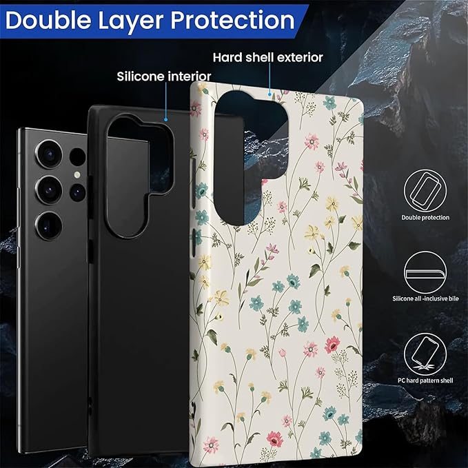 for Samsung Galaxy S24 Ultra Case,HL2 Beige Flower Branch Hybrid 2 Layer Hard Shell Silicone Protective Pattern Design Case