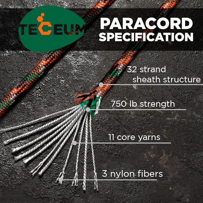 TECEUM 5/32" Paracord Rope 1000 – 1000ft / 200ft / 100ft / 50ft – Tactical Parachute Cord 4mm – 45+ Colors – Nylon String for Survival & Camping Gear – Stripe Cord for Survival – Utility Rope